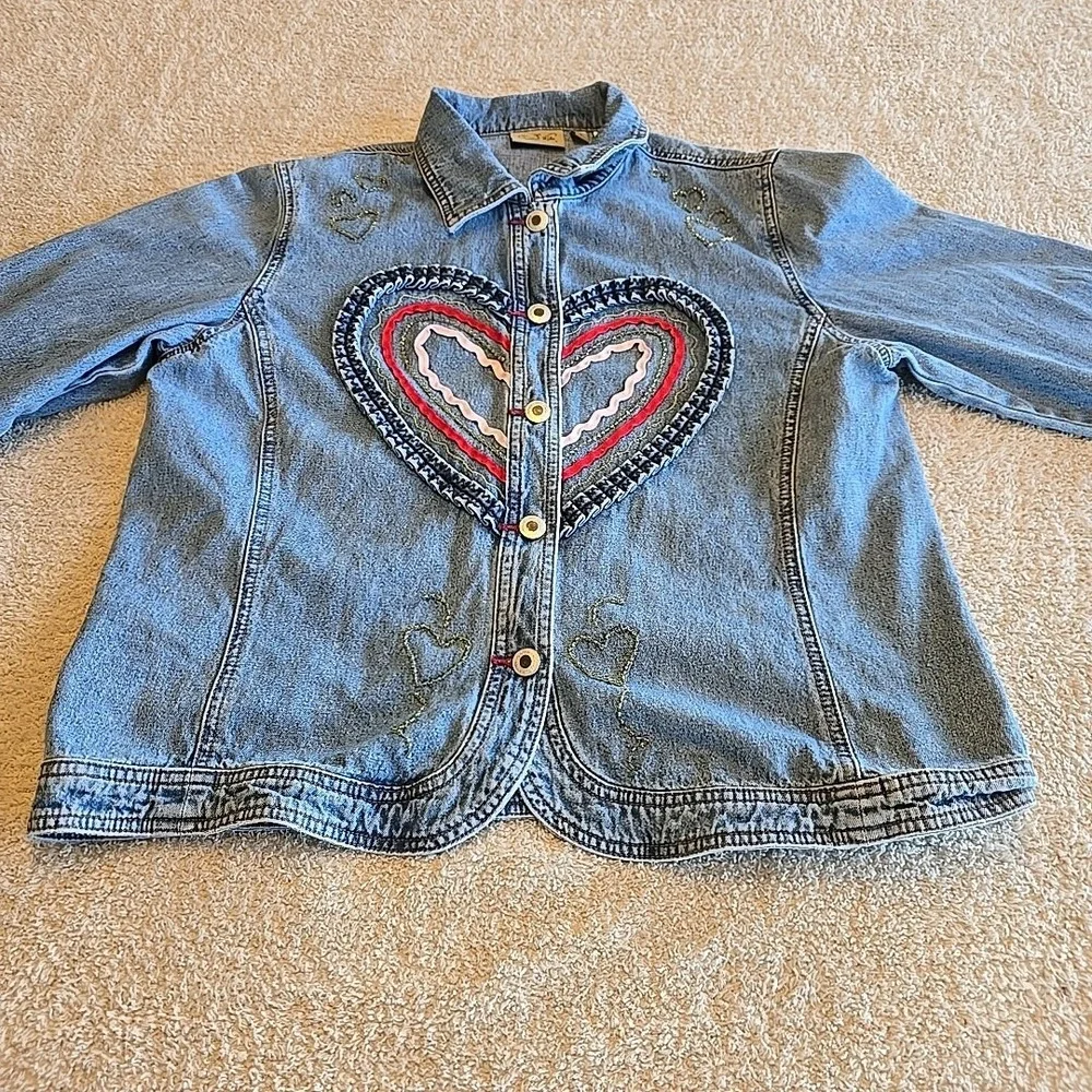 Crystal Kobe Denim Jacket With Fabric & Beaded Heart Designs Button-Up Size S‎